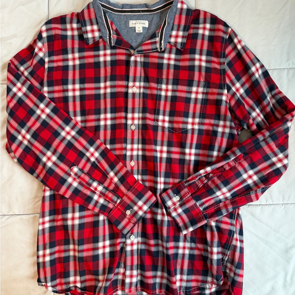 Sun + Stone Red and Blue Plaid Long Sleeve Shirt